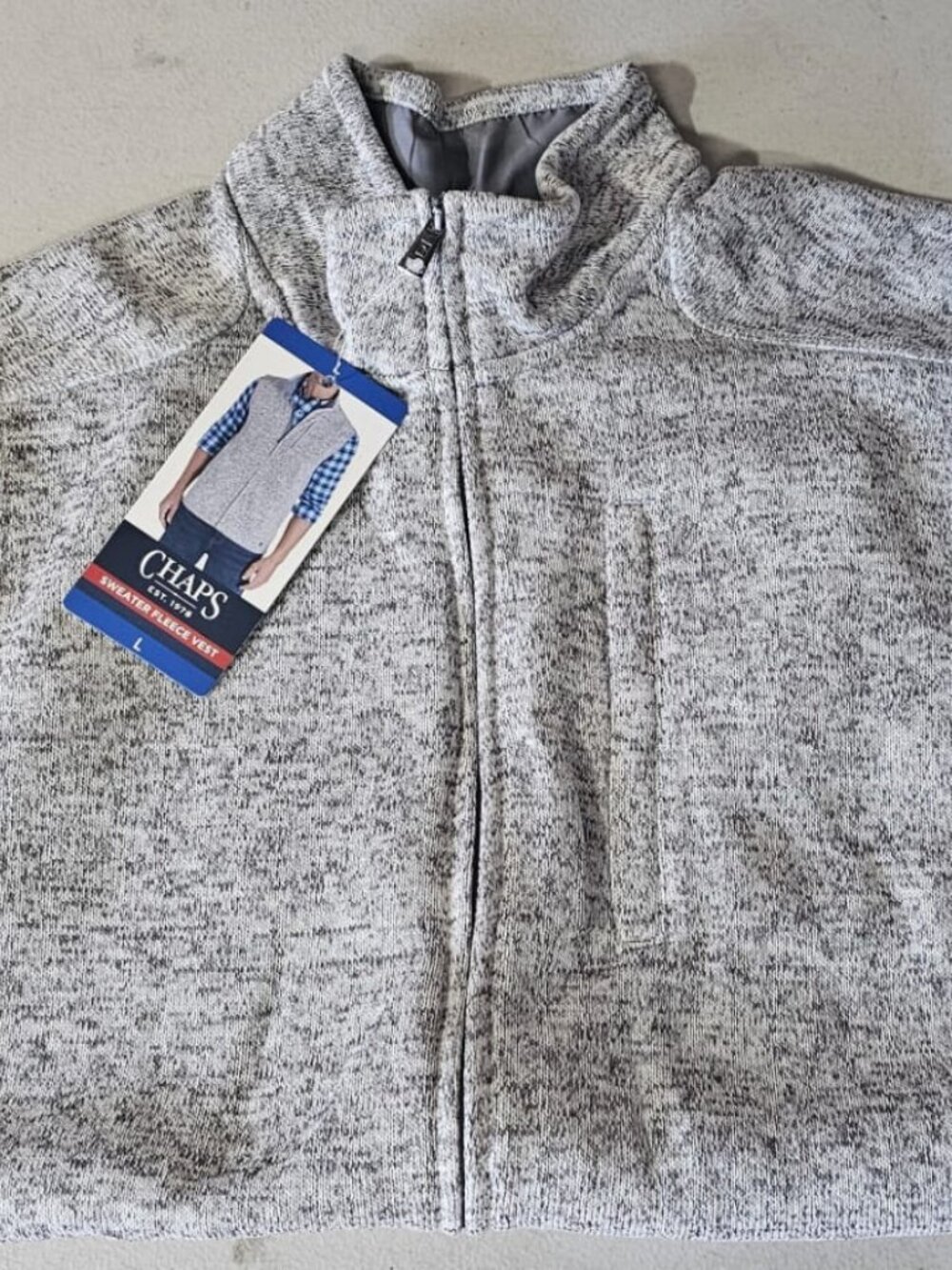 Chaps Vest Full Zip Stand-Up Collar Pockets Mid-Length Men's, Gray Size L